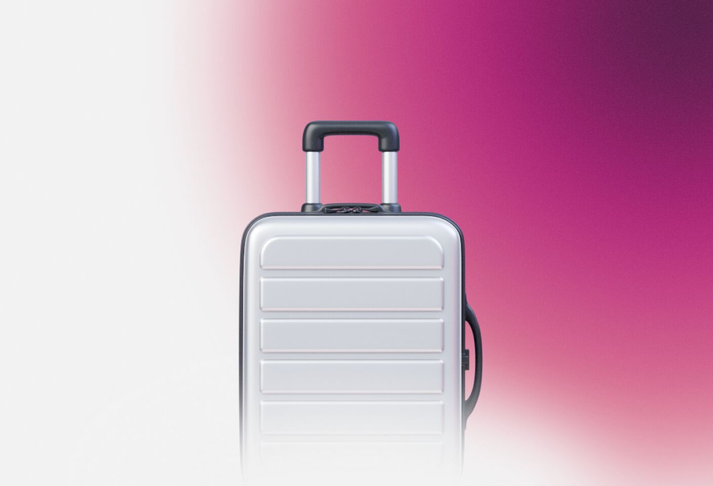 Белый чемодан на колёсах на фоне градиента от белого к ярко-розовому цвету